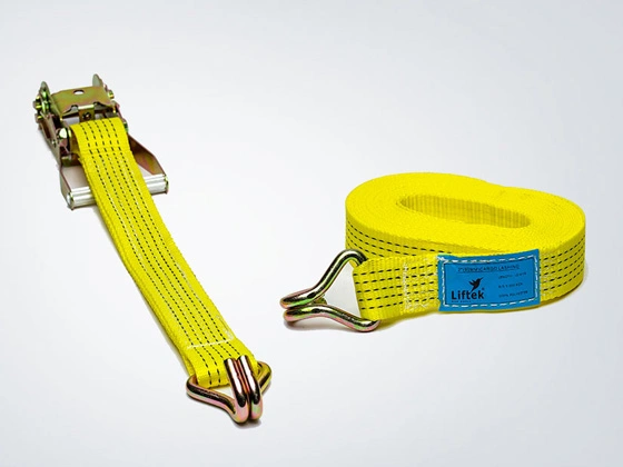 Yellow ratchet lashing strap with heavy duty hooks for load securing