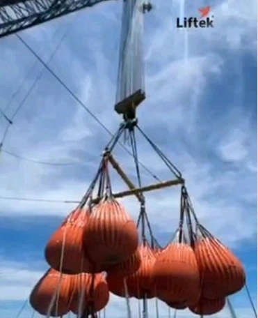 Rigged liftek waterbags in offshore load test over ocean